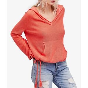 FREE PEOPLE Optimistic Linen Blend Hoodie Pullover Sweater XS Oversized Coral